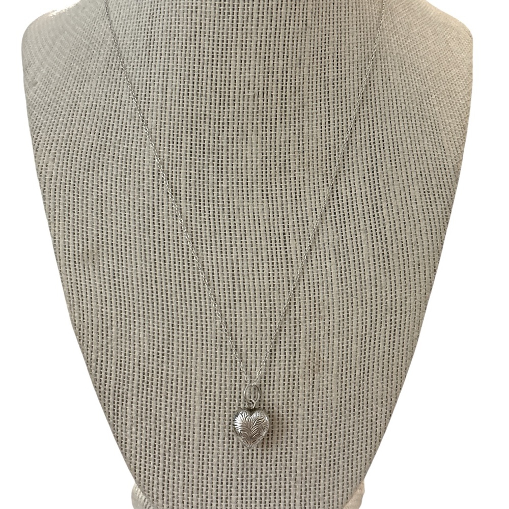 Vintage Antique sterling silver small  puffy heart pendant & sterling necklace